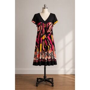 En Focus Women Abstract‎ Print V-Neck Empire Waist Short Sleeve Dress Black Pink